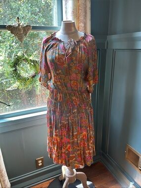 Floral Tie-Neck Smocked Midi Dress in Pink & Orange